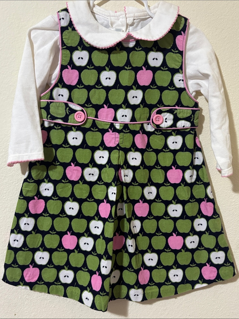 Bonnie Jean Black Pinafore Skirt with Green, Pink & White Apple Print